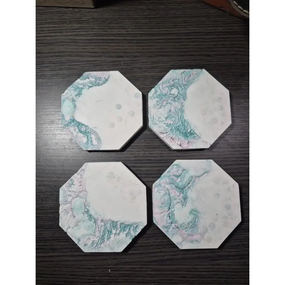 4 Teal/Pink White Marbled Eco Resin Stone Look Hexagon Coasters 4” Handmade